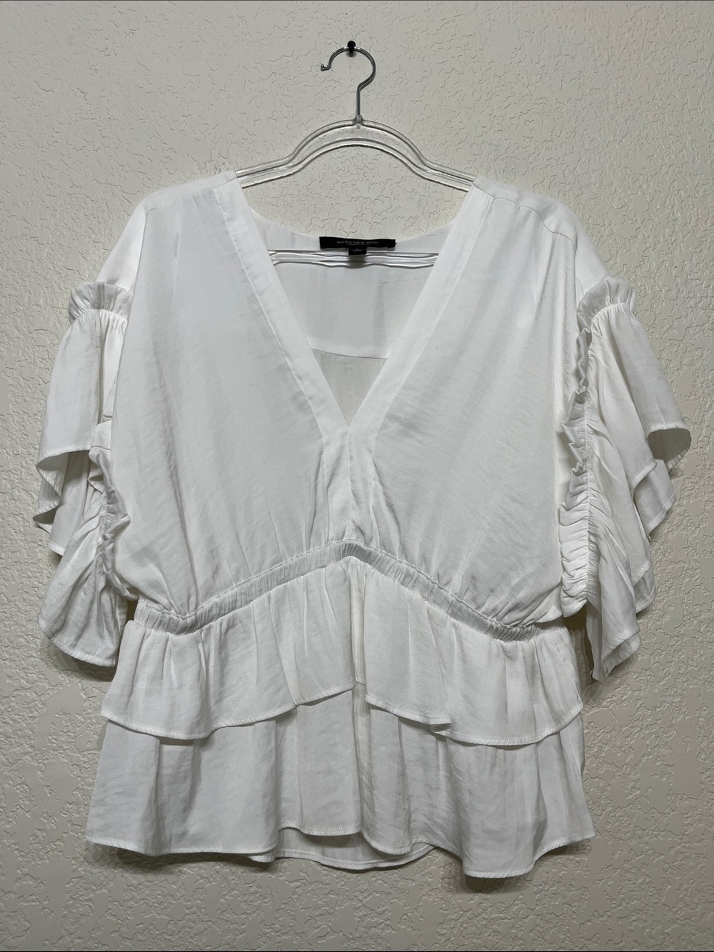 Marc New York Women’s Large White V-Neck Ruffle Peplum Blouse